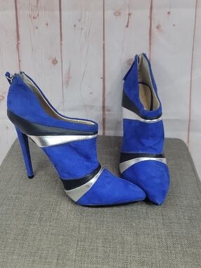Blue Suede High Heel Ankle Booties with Silver Accents